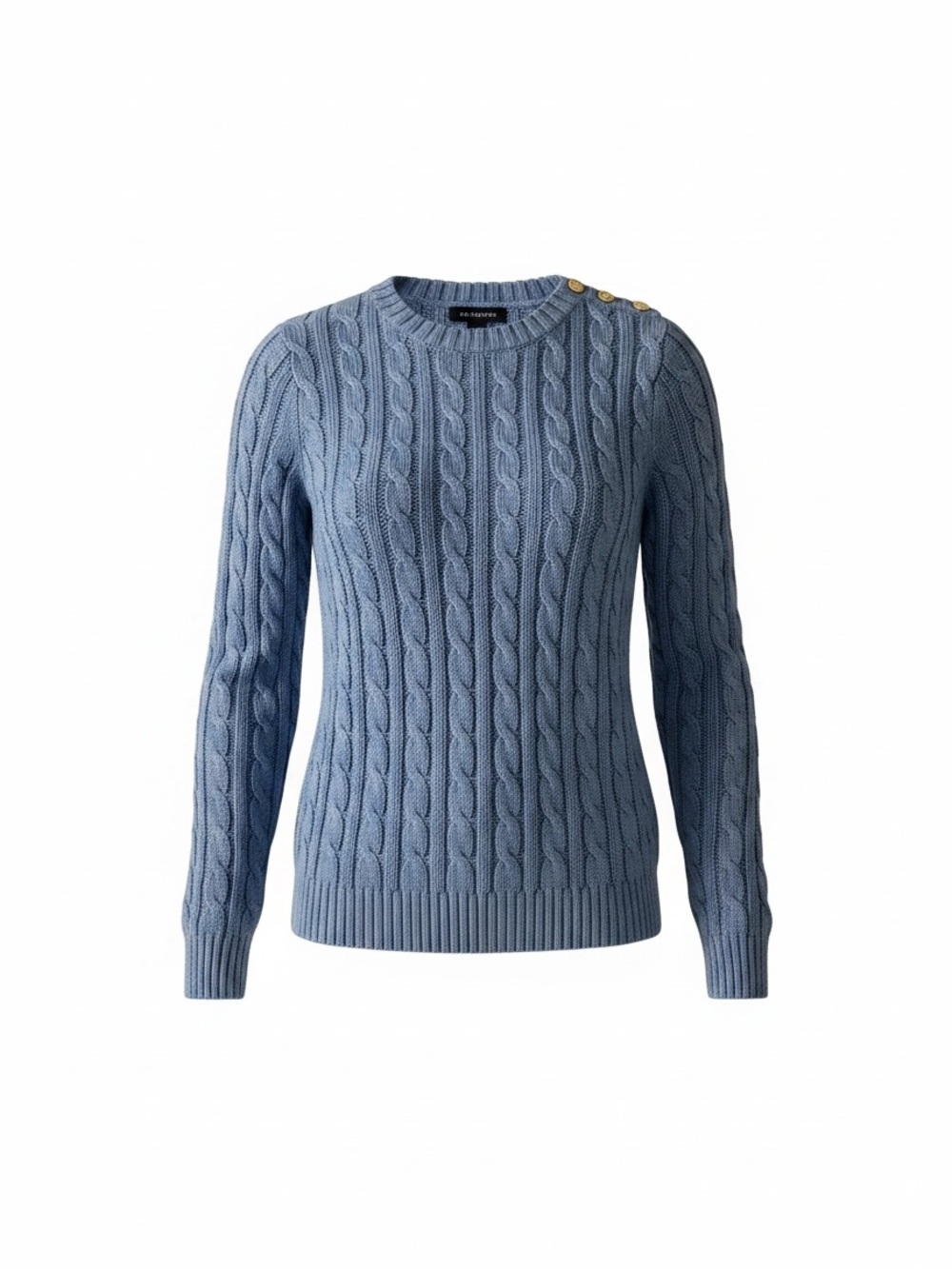 Lands End Cable Knit Crewneck Sweater with Shoulder Buttons - Blue